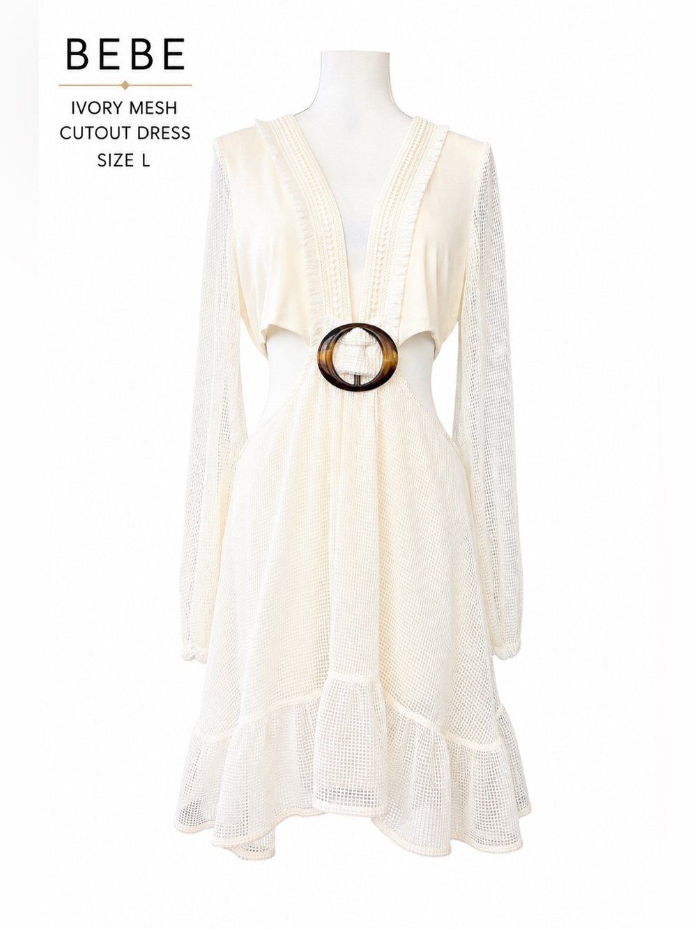 Bebe Ivory Mesh Cutout Mini Dress Statement Buckle Long Sleeve Size L